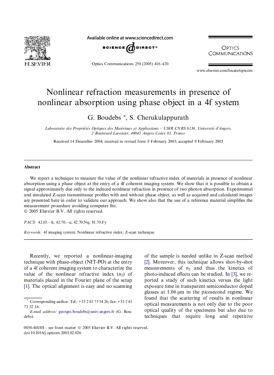 Nonlinear refraction measurements in presence of nonlinear absorption using phase object in a 4f system