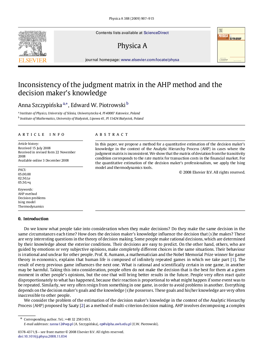 Inconsistency of the judgment matrix in the AHP method and the decision maker’s knowledge