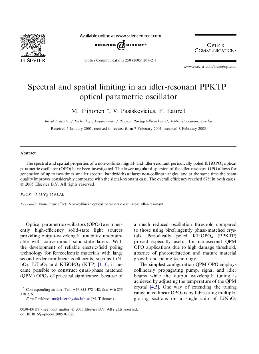 Spectral and spatial limiting in an idler-resonant PPKTP optical parametric oscillator