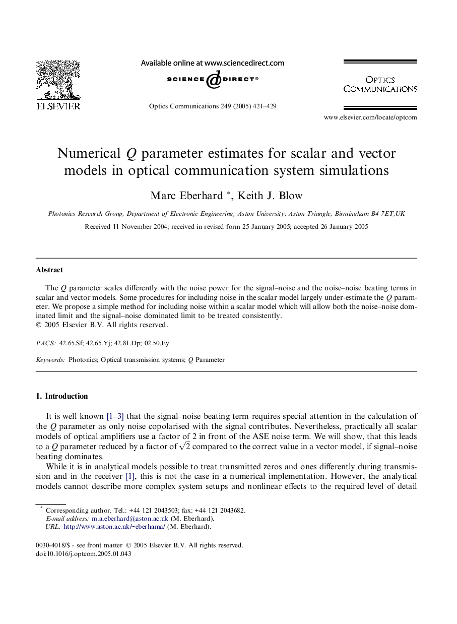 Numerical Q parameter estimates for scalar and vector models in optical communication system simulations