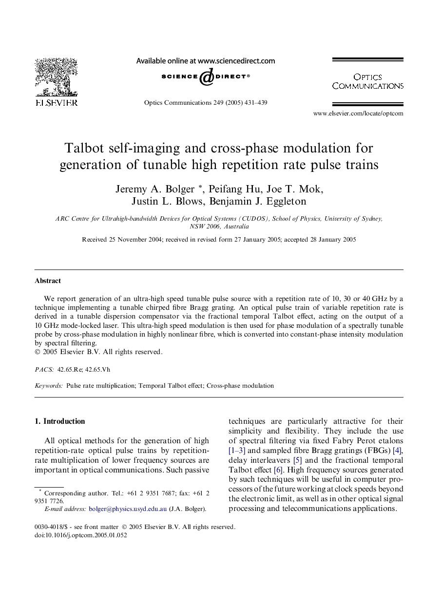 Talbot self-imaging and cross-phase modulation for generation of tunable high repetition rate pulse trains