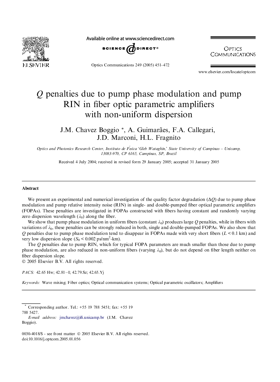 Q penalties due to pump phase modulation and pump RIN in fiber optic parametric amplifiers with non-uniform dispersion