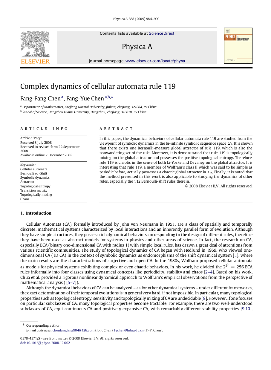 Complex dynamics of cellular automata rule 119