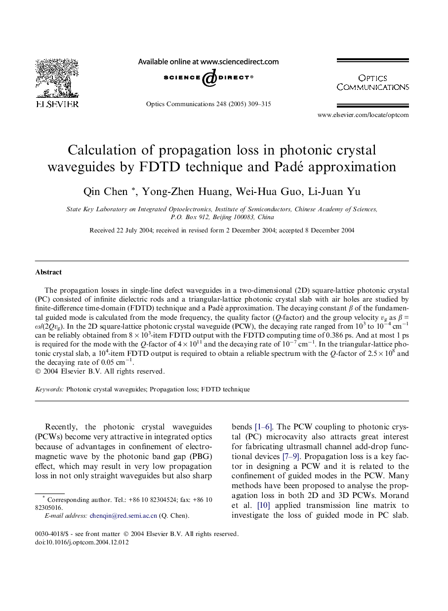 Calculation of propagation loss in photonic crystal waveguides by FDTD technique and Padé approximation