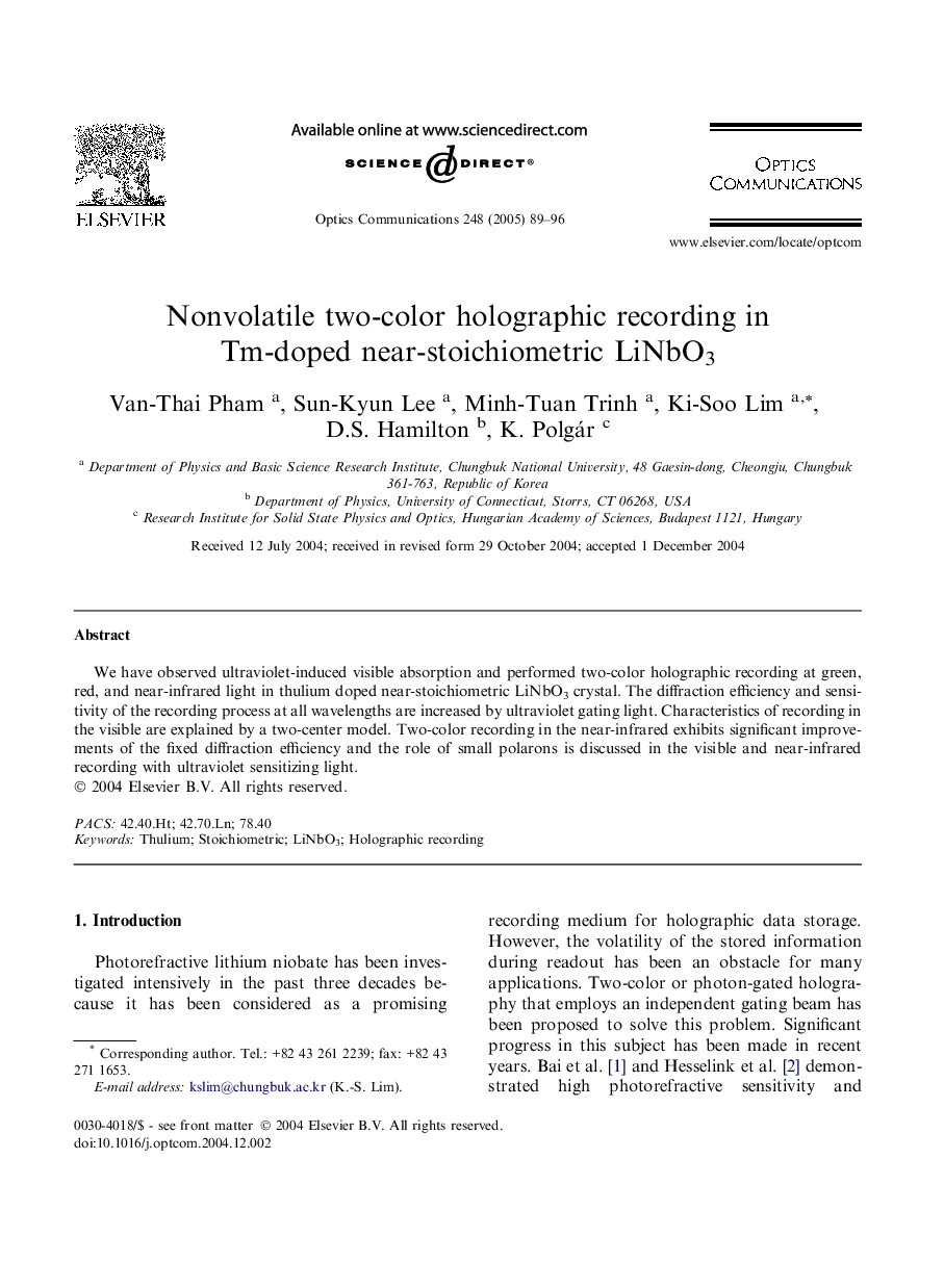 Nonvolatile two-color holographic recording in Tm-doped near-stoichiometric LiNbO3