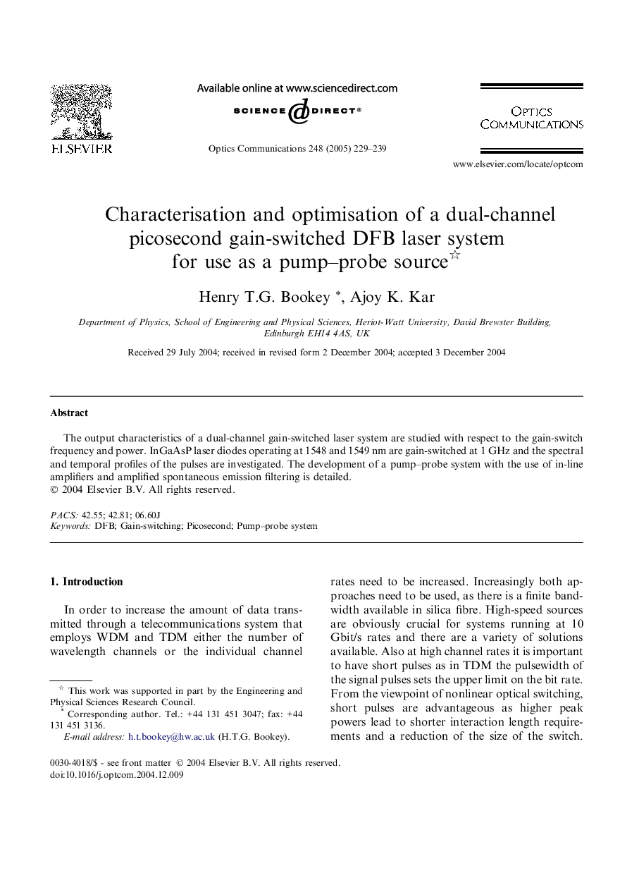 Characterisation and optimisation of a dual-channel picosecond gain-switched DFB laser system for use as a pump-probe source