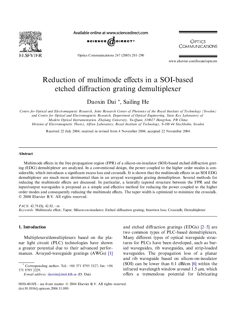 Reduction of multimode effects in a SOI-based etched diffraction grating demultiplexer