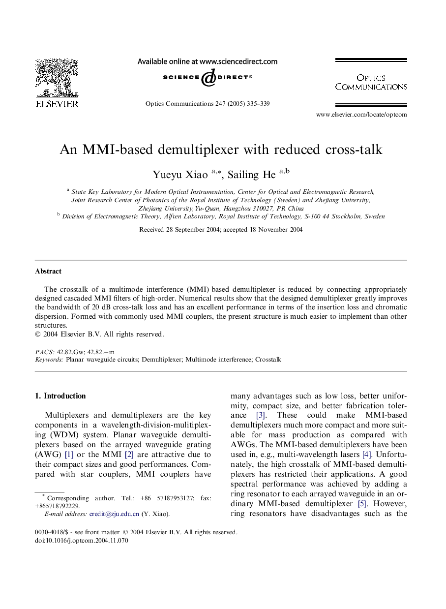 An MMI-based demultiplexer with reduced cross-talk