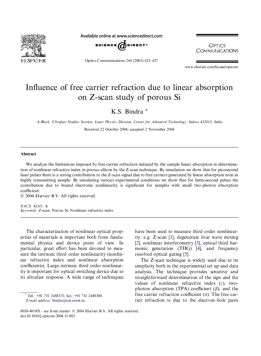 Influence of free carrier refraction due to linear absorption on Z-scan study of porous Si