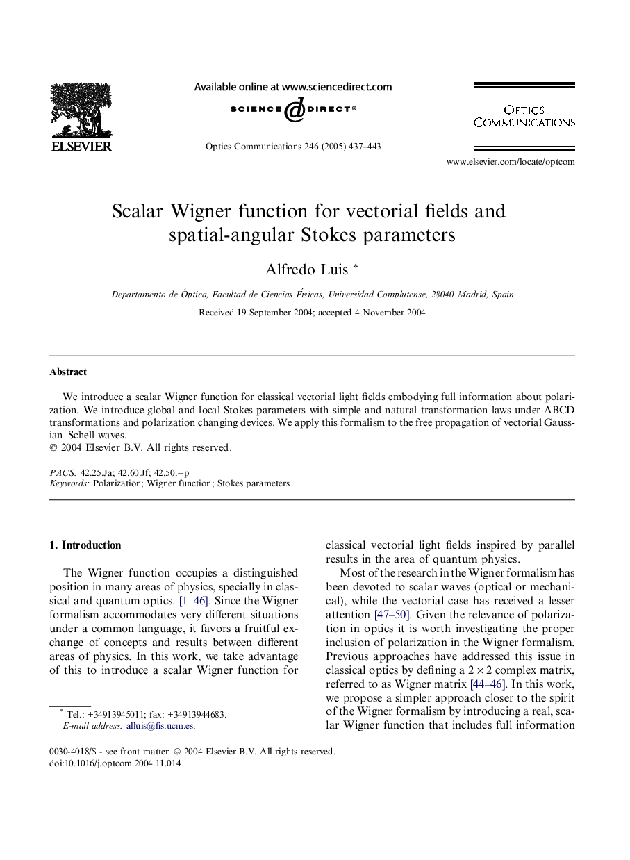 Scalar Wigner function for vectorial fields and spatial-angular Stokes parameters