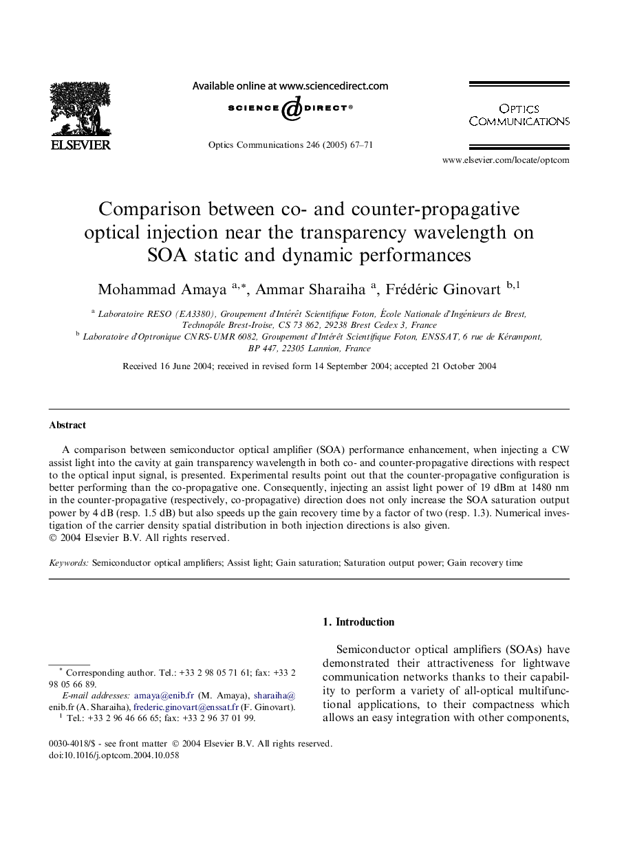 Comparison between co- and counter-propagative optical injection near the transparency wavelength on SOA static and dynamic performances