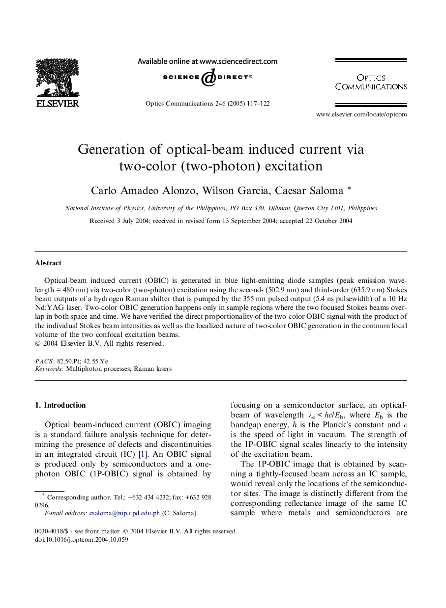 Generation of optical-beam induced current via two-color (two-photon) excitation