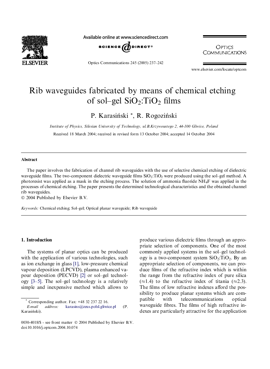 Rib waveguides fabricated by means of chemical etching of sol-gel SiO2:TiO2 films