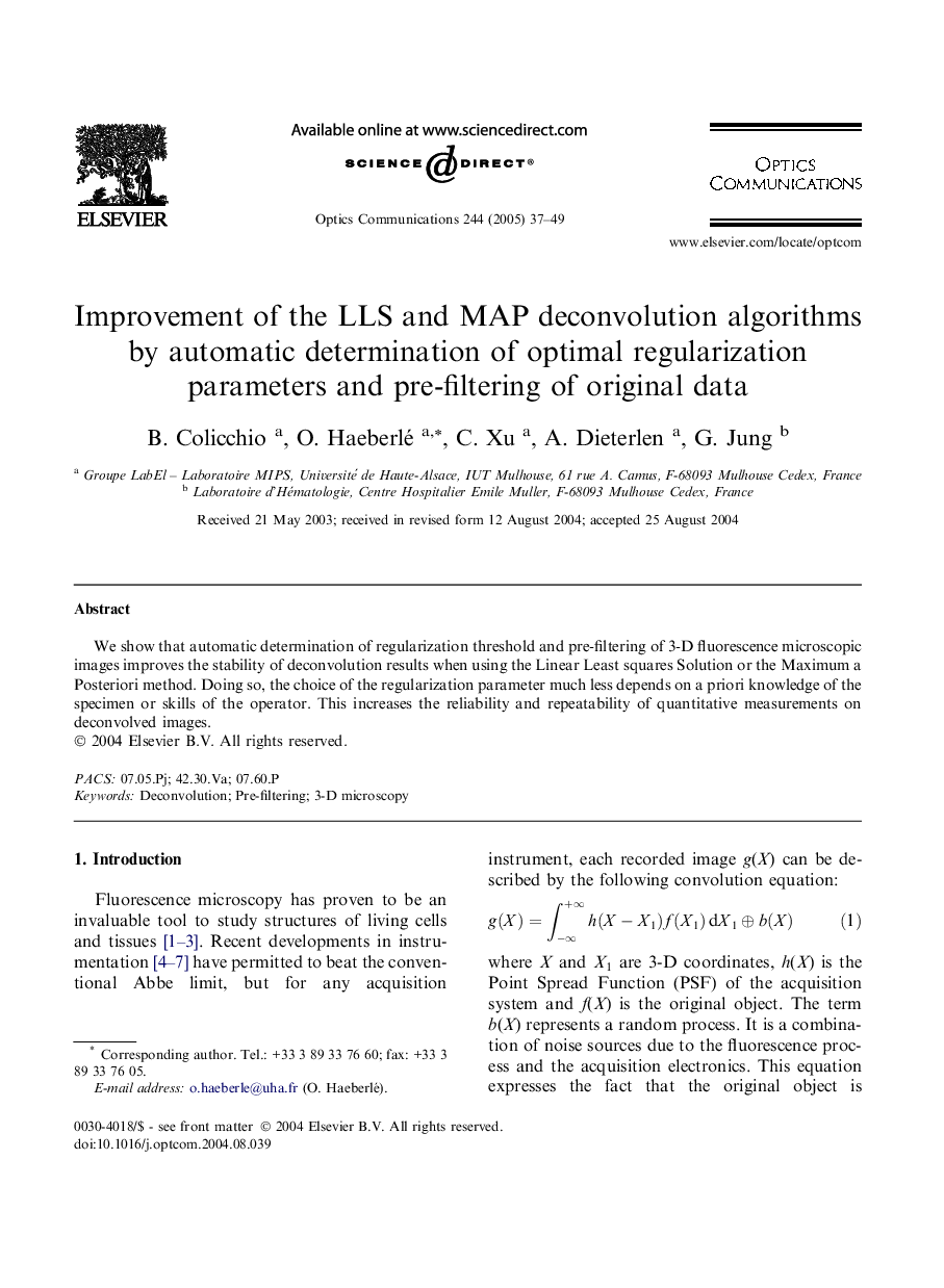 Improvement of the LLS and MAP deconvolution algorithms by automatic determination of optimal regularization parameters and pre-filtering of original data