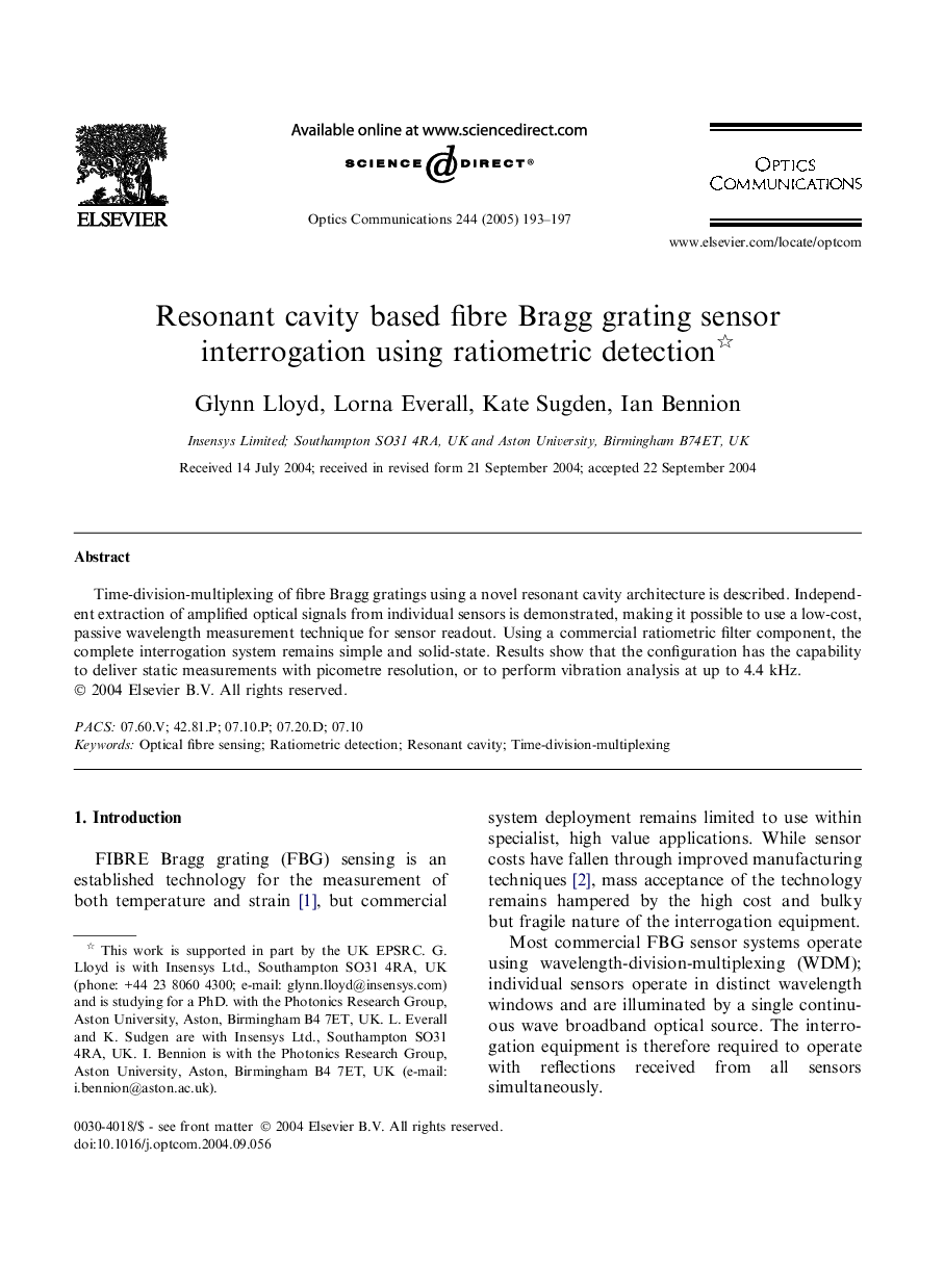 Resonant cavity based fibre Bragg grating sensor interrogation using ratiometric detection