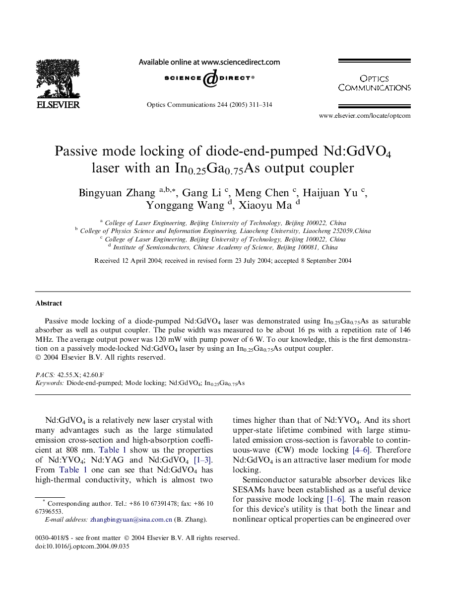 Passive mode locking of diode-end-pumped Nd:GdVO4 laser with an In0.25Ga0.75As output coupler