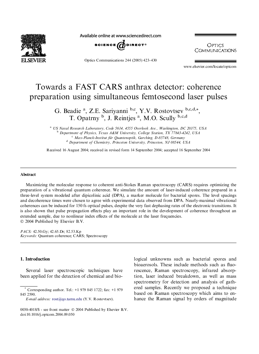 Towards a FAST CARS anthrax detector: coherence preparation using simultaneous femtosecond laser pulses