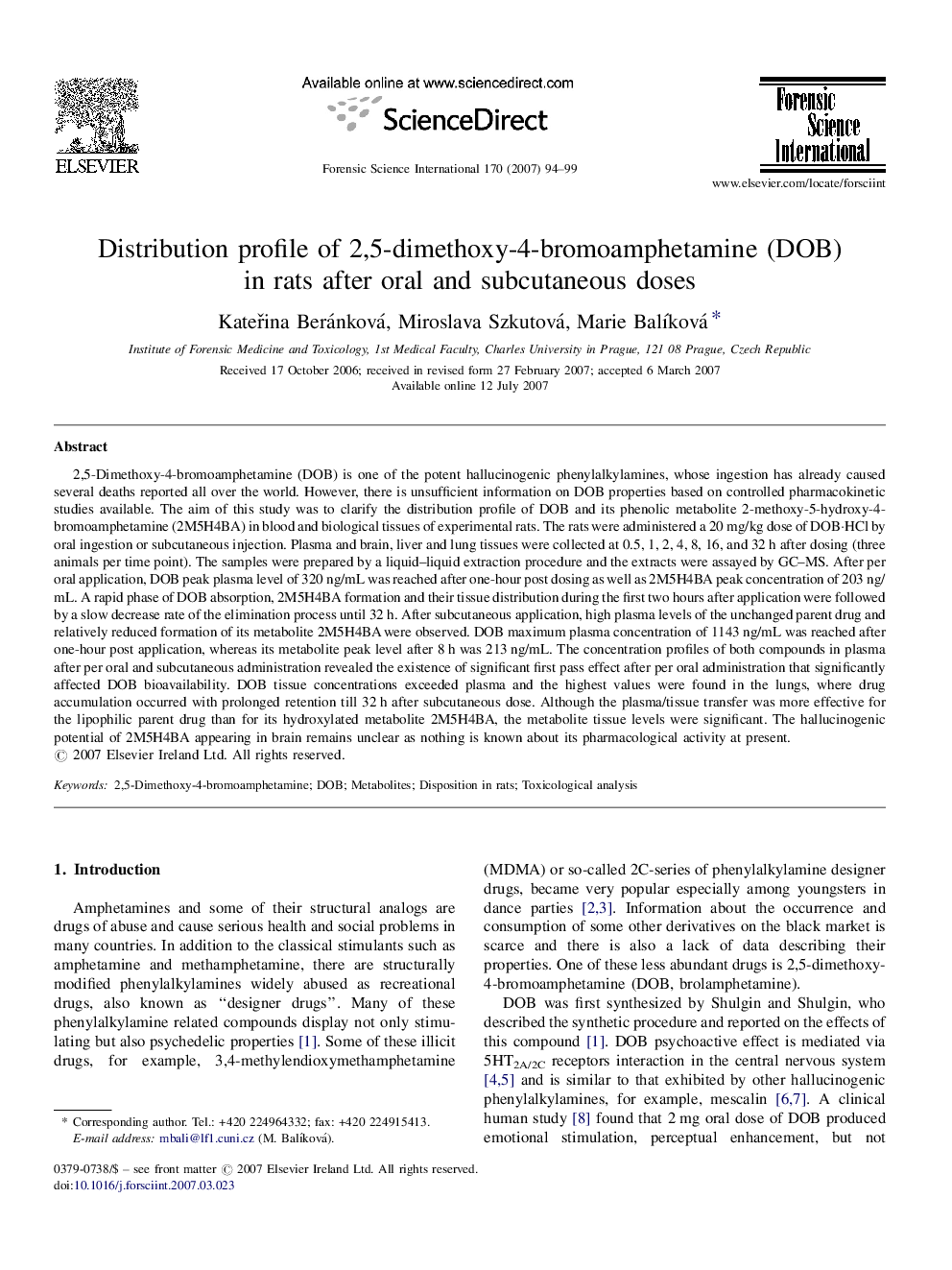 Distribution profile of 2,5-dimethoxy-4-bromoamphetamine (DOB) in rats after oral and subcutaneous doses