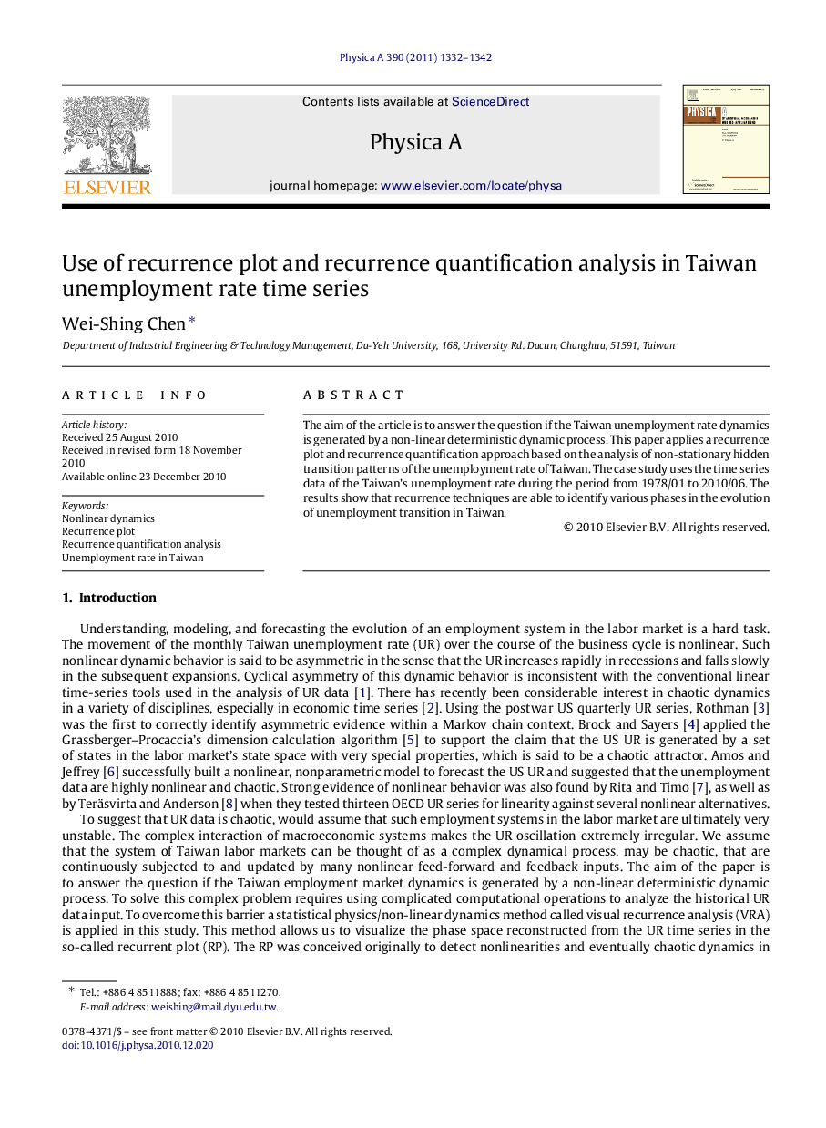 Use of recurrence plot and recurrence quantification analysis in Taiwan unemployment rate time series