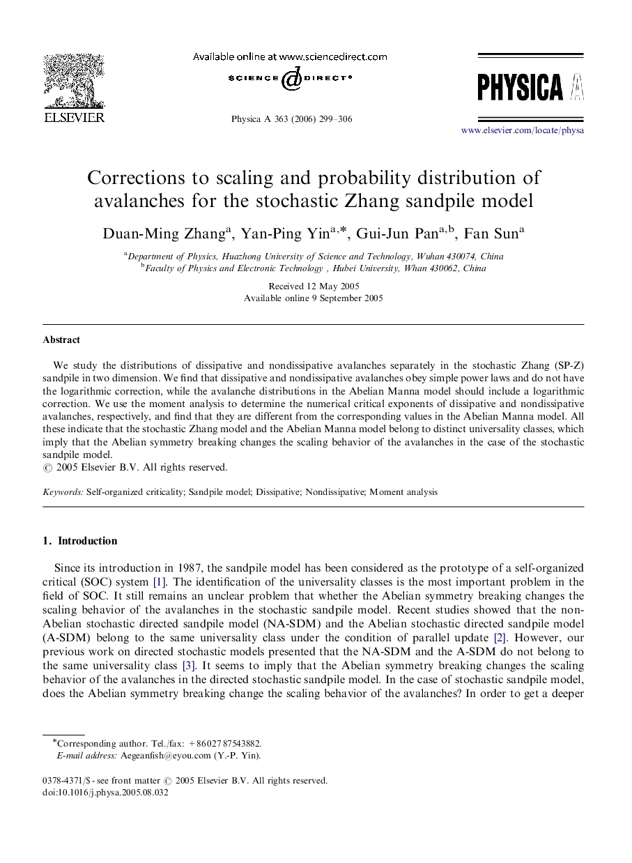 Corrections to scaling and probability distribution of avalanches for the stochastic Zhang sandpile model