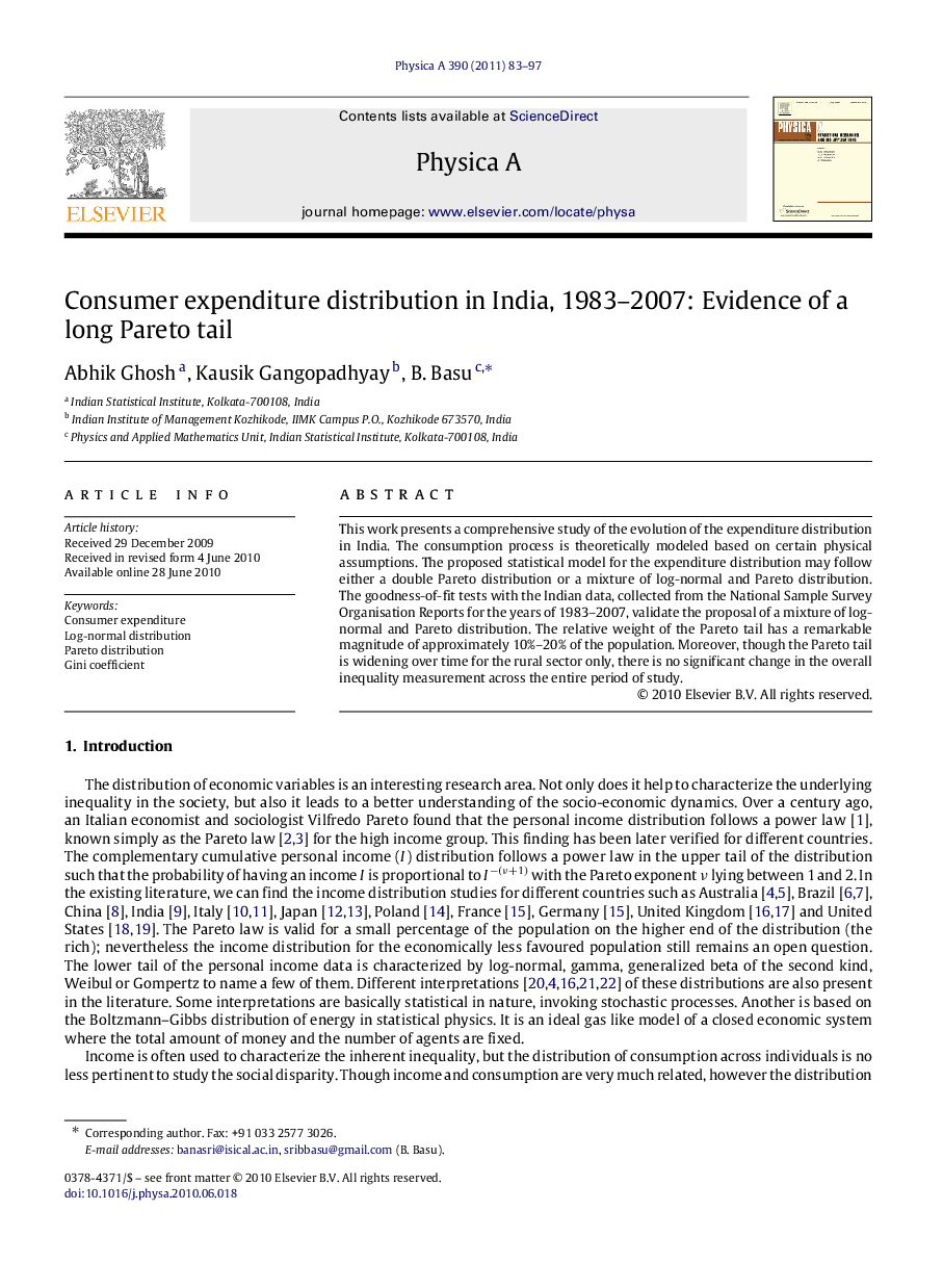 Consumer expenditure distribution in India, 1983–2007: Evidence of a long Pareto tail