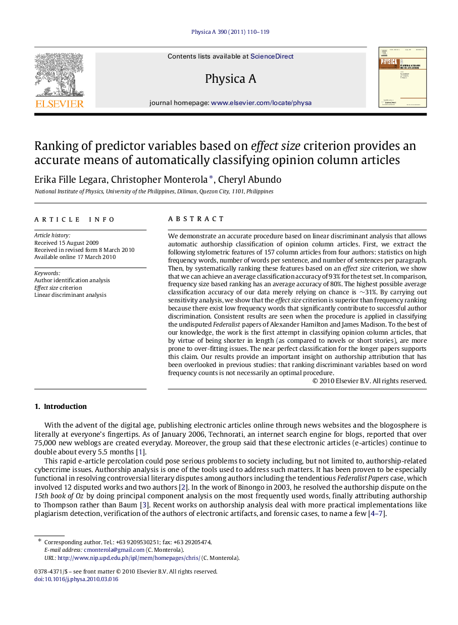 Ranking of predictor variables based on effect size criterion provides an accurate means of automatically classifying opinion column articles