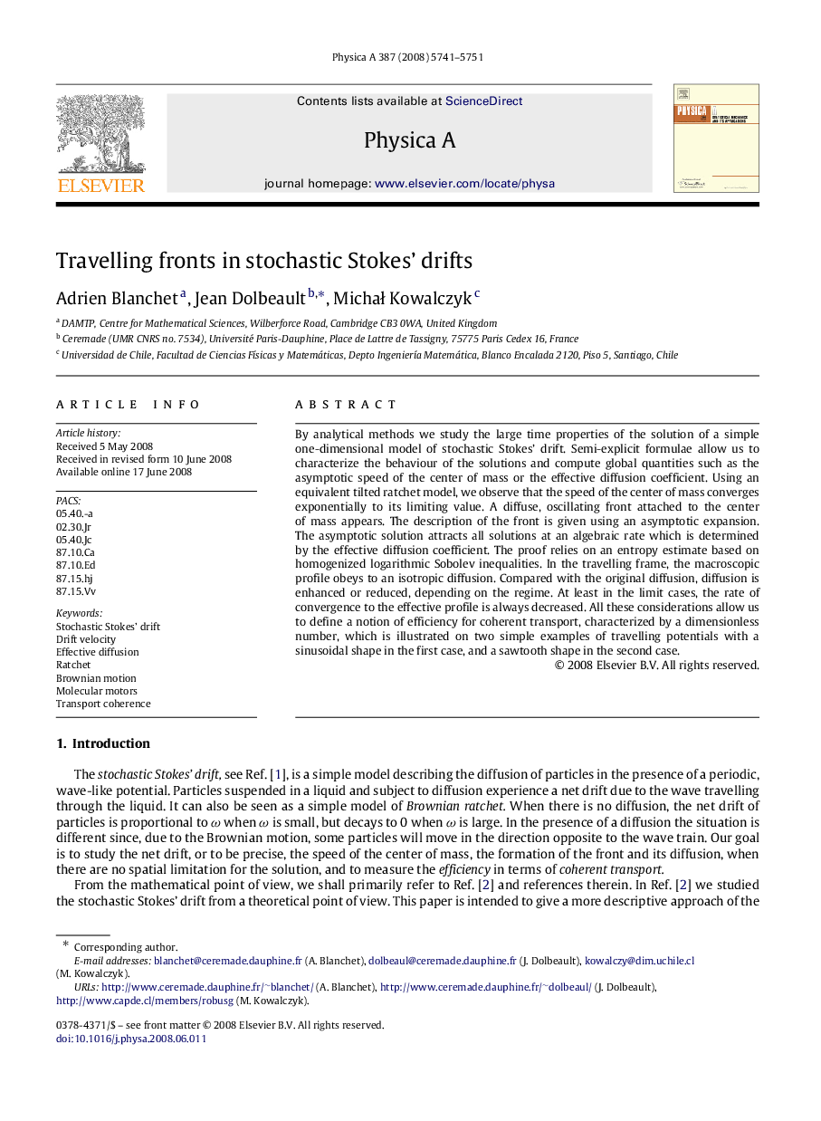 Travelling fronts in stochastic Stokes’ drifts