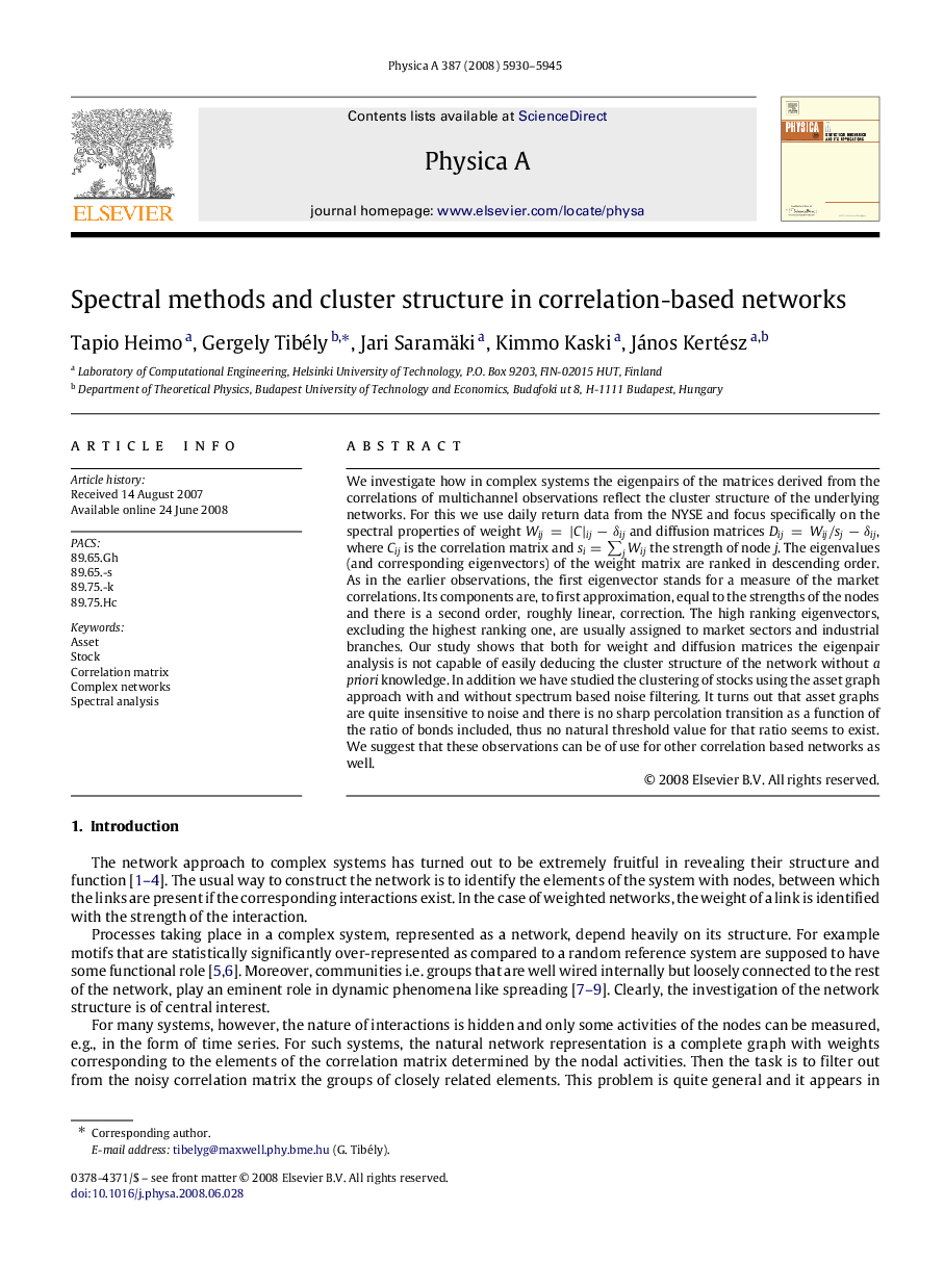 Spectral methods and cluster structure in correlation-based networks