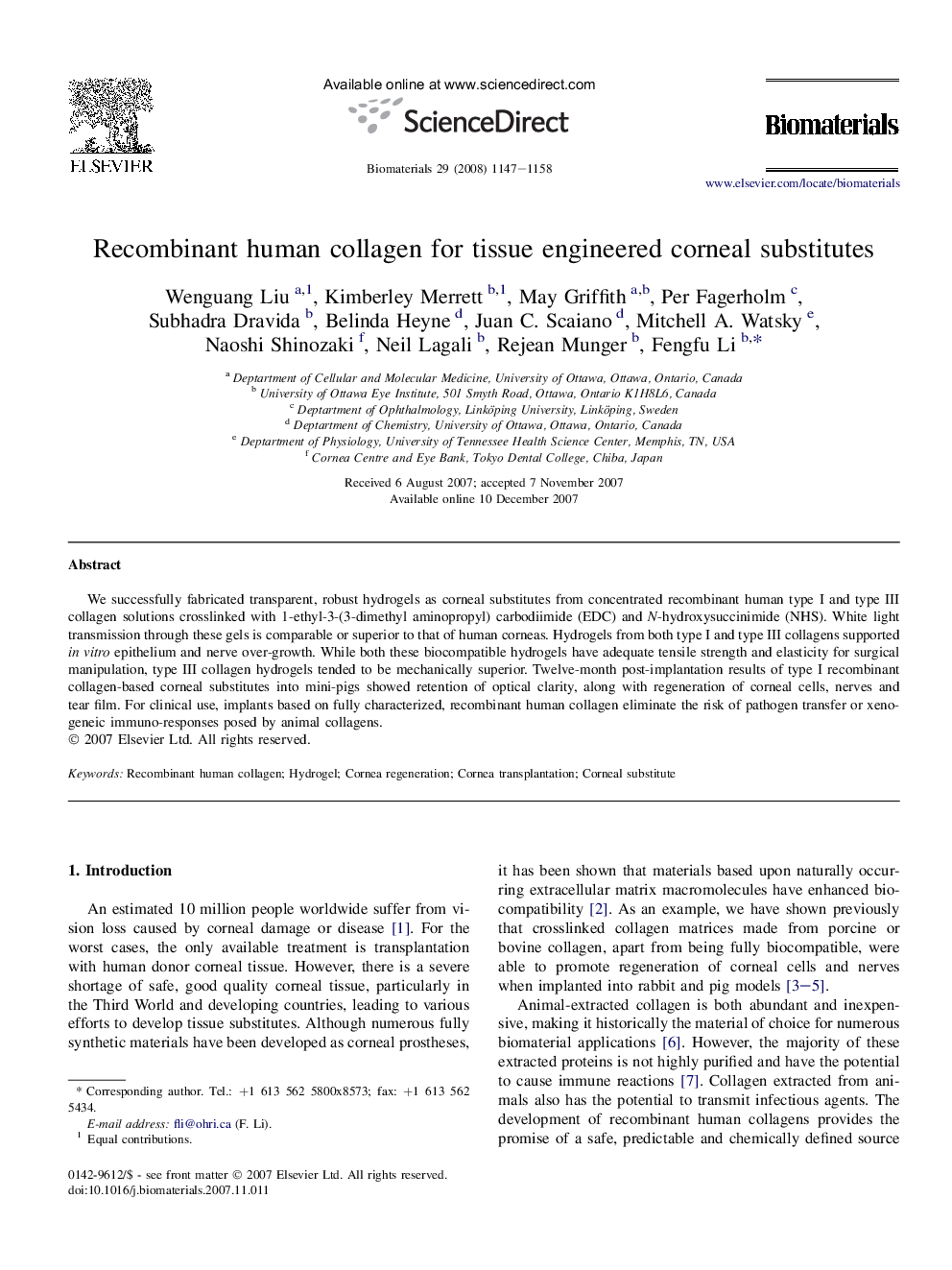 Recombinant human collagen for tissue engineered corneal substitutes