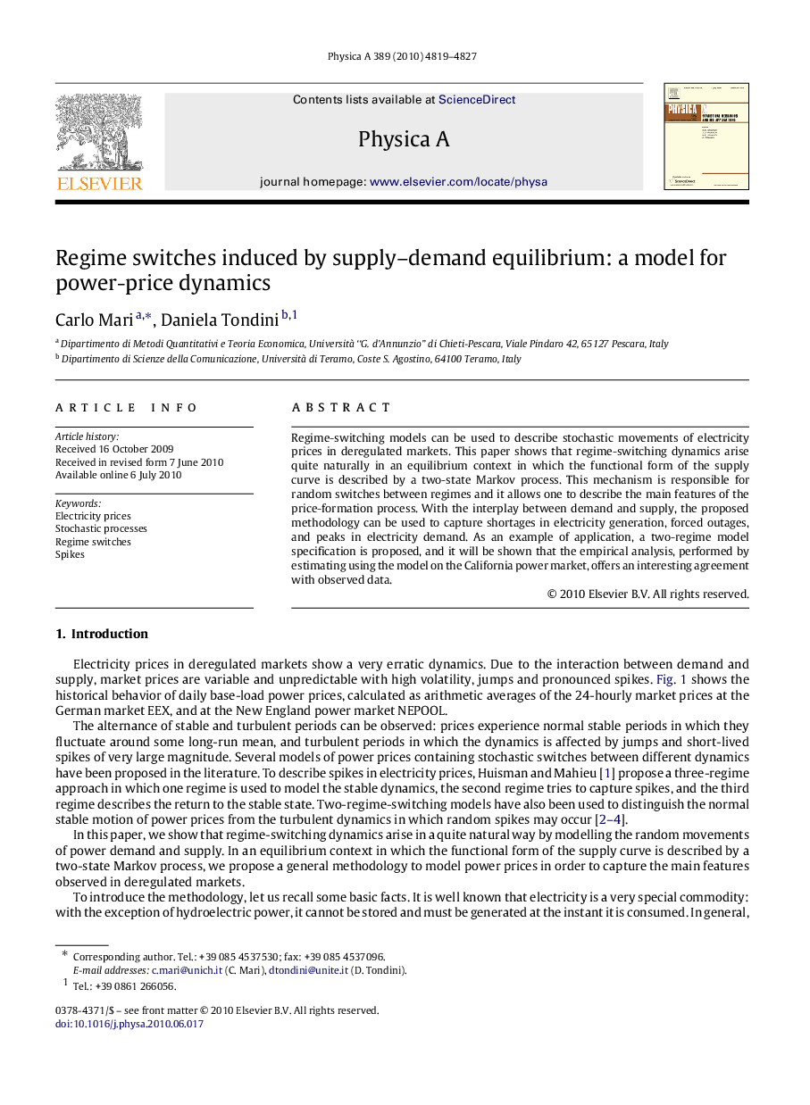 Regime switches induced by supply–demand equilibrium: a model for power-price dynamics