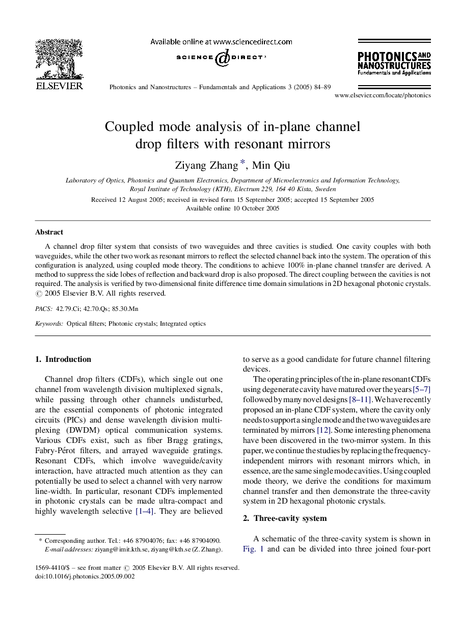 Coupled mode analysis of in-plane channel drop filters with resonant mirrors