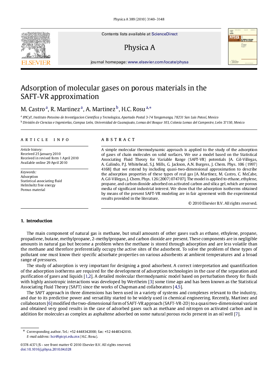 Adsorption of molecular gases on porous materials in the SAFT-VR approximation