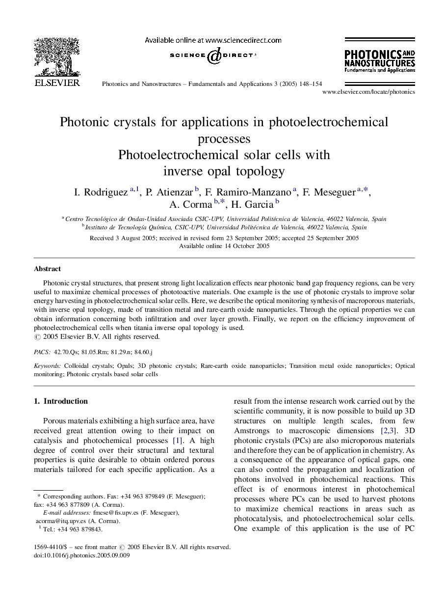 Photonic crystals for applications in photoelectrochemical processes