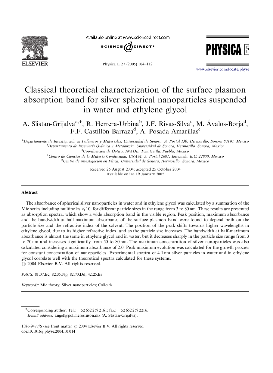 عکس صفحه اول مقاله: Classical theoretical characterization of the surface plasmon absorption band for silver spherical nanoparticles suspended in water and ethylene glycol Classical theoretical characterization of the surface plasmon absorption band for silver spherical nanoparticles suspended in water and ethylene glycol