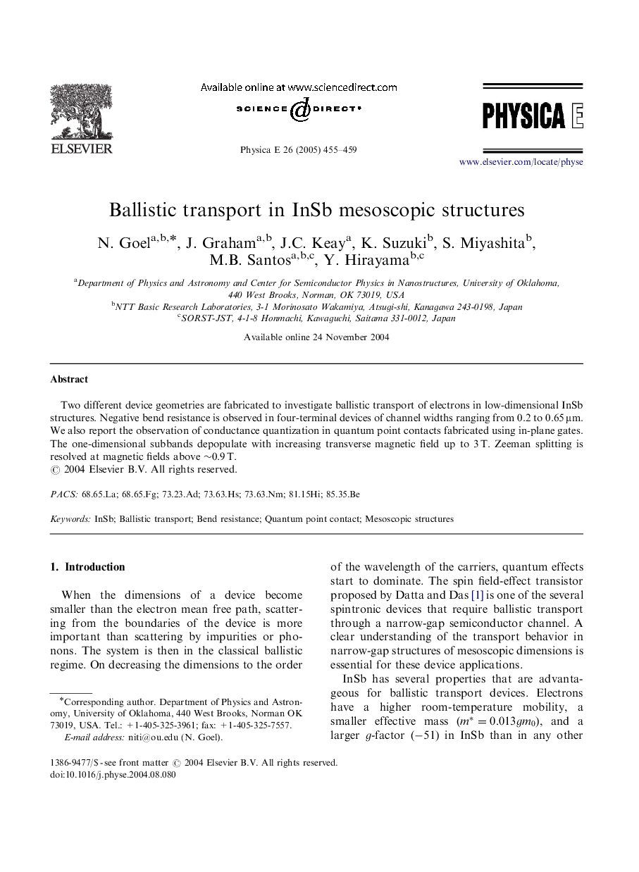 Ballistic transport in InSb mesoscopic structures