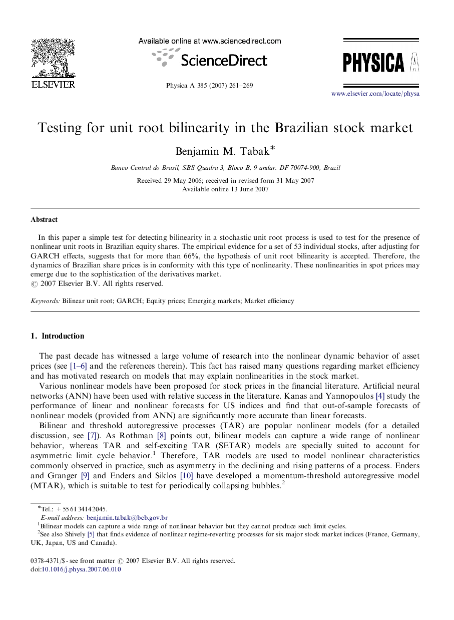 Testing for unit root bilinearity in the Brazilian stock market