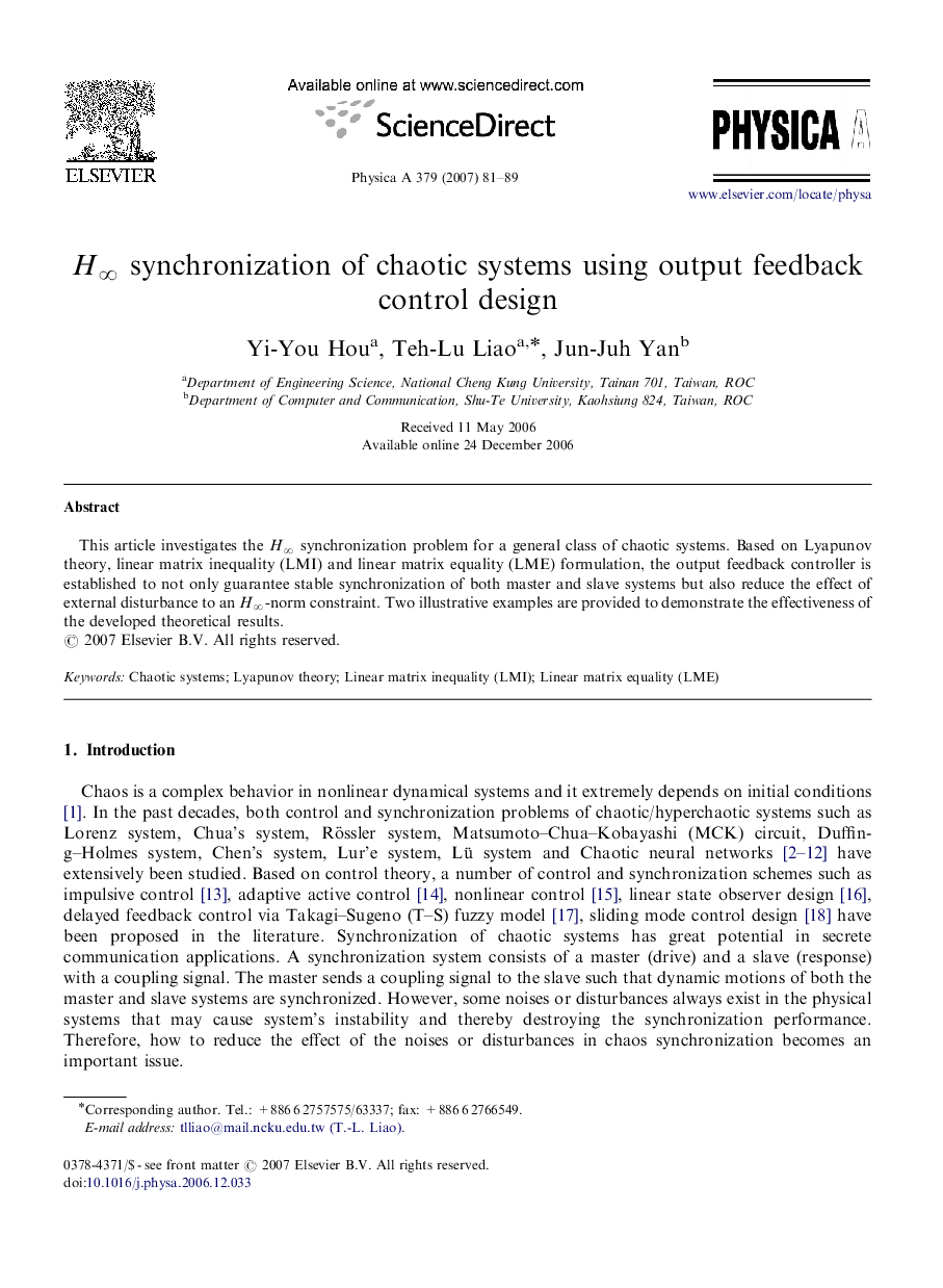 H∞ synchronization of chaotic systems using output feedback control design