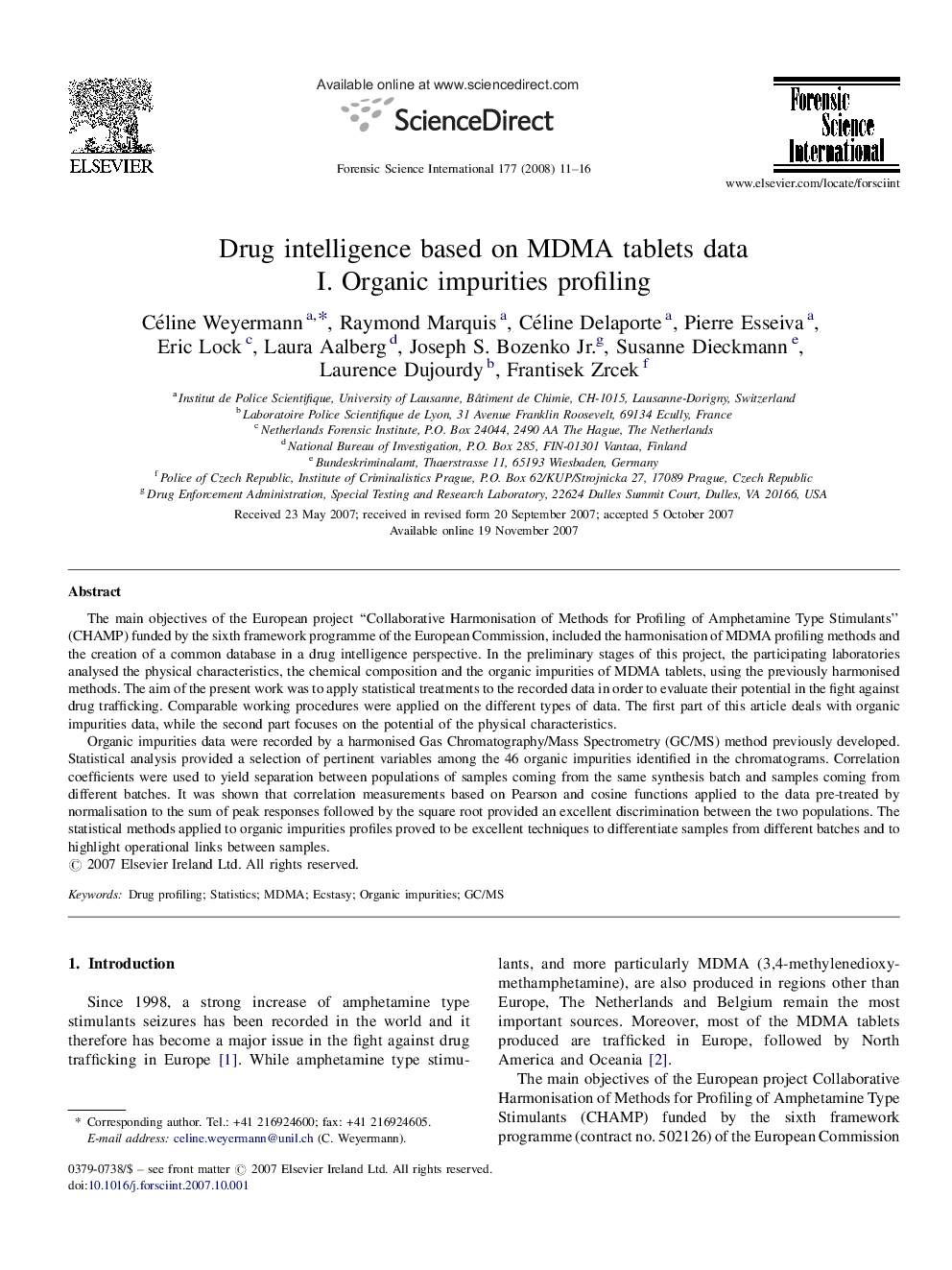 Drug intelligence based on MDMA tablets data: I. Organic impurities profiling