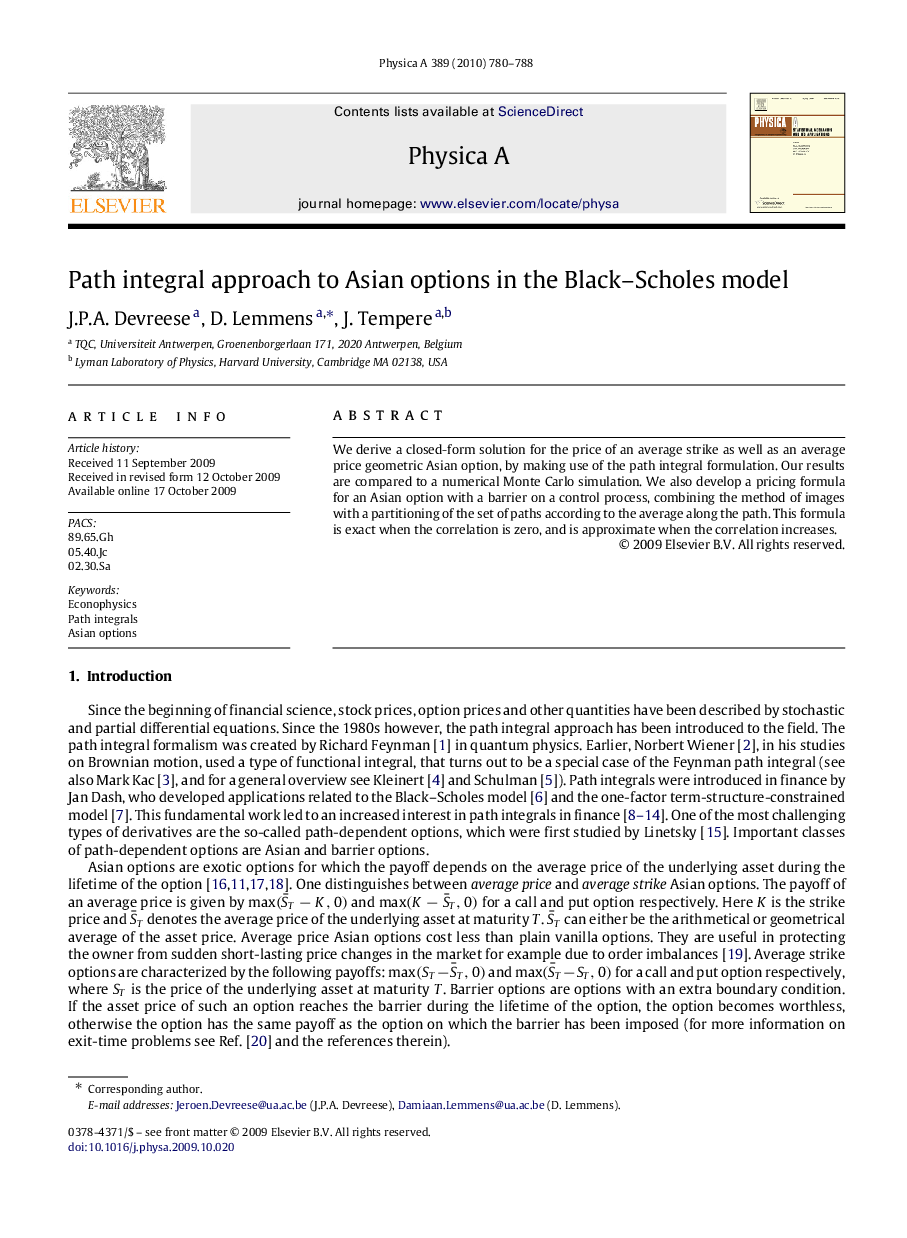 Path integral approach to Asian options in the Black–Scholes model