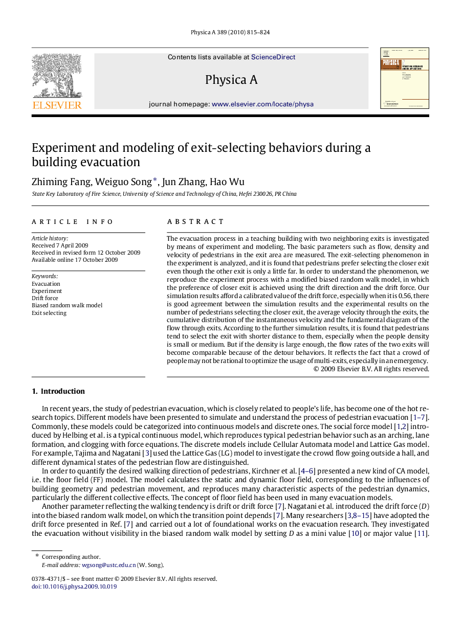 Experiment and modeling of exit-selecting behaviors during a building evacuation