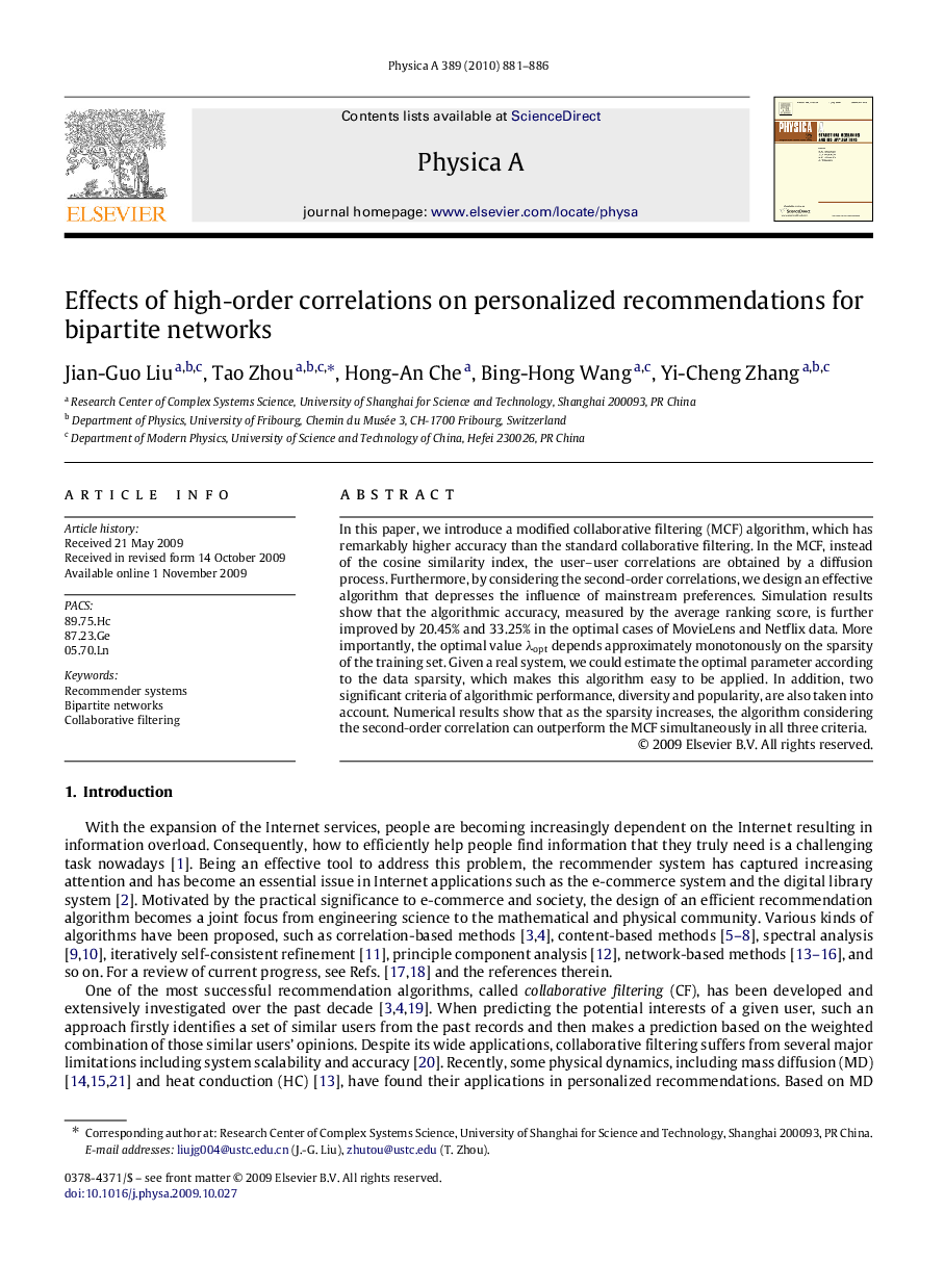 Effects of high-order correlations on personalized recommendations for bipartite networks