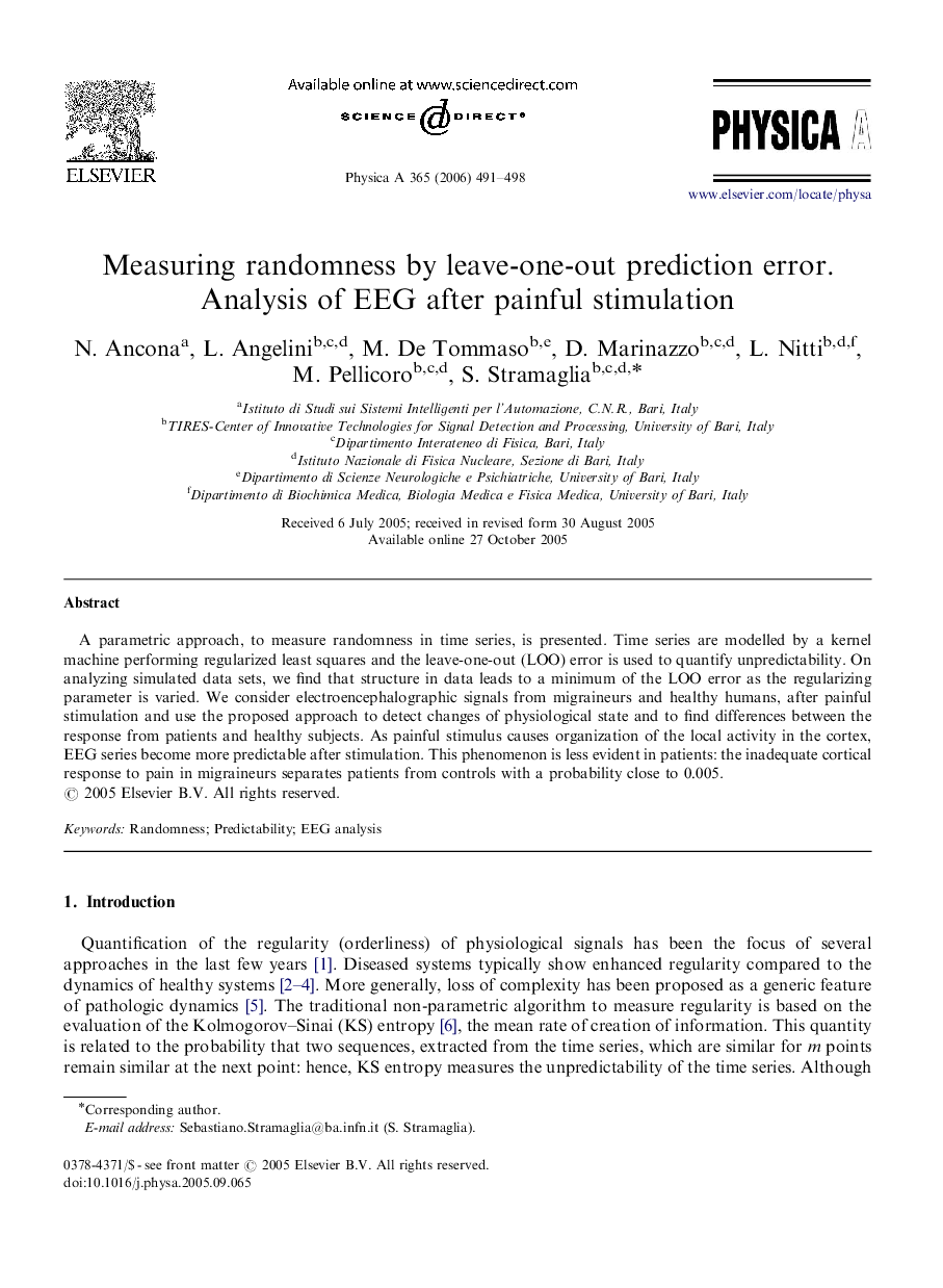 Measuring randomness by leave-one-out prediction error. Analysis of EEG after painful stimulation