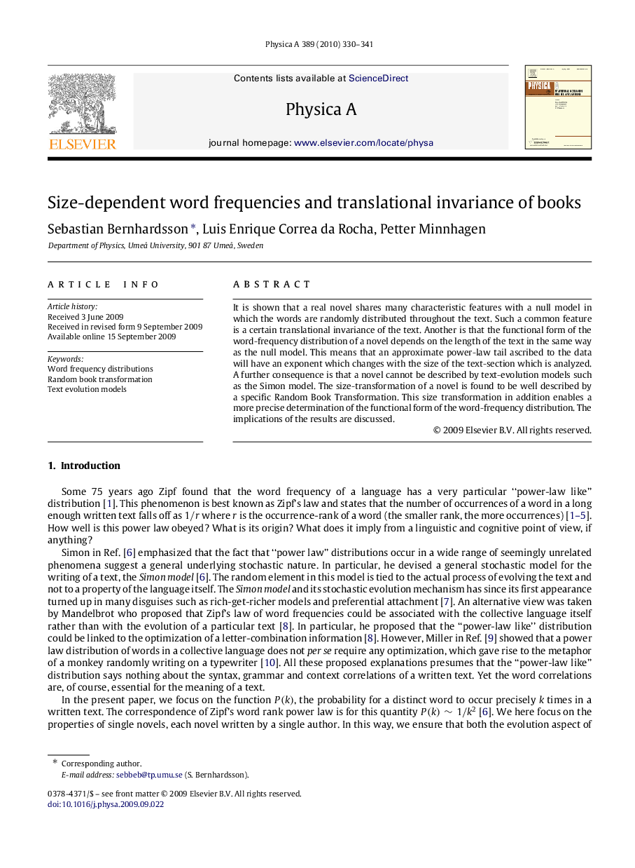 Size-dependent word frequencies and translational invariance of books