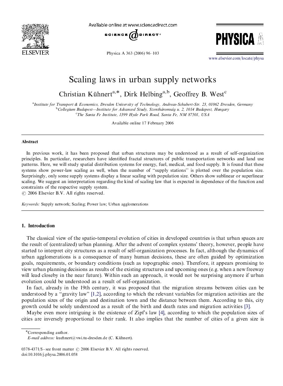 Scaling laws in urban supply networks