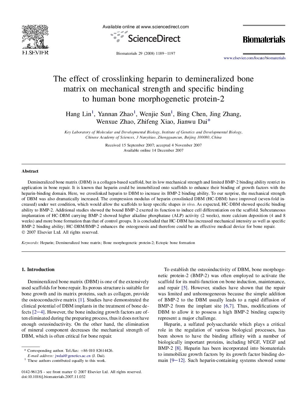 The effect of crosslinking heparin to demineralized bone matrix on mechanical strength and specific binding to human bone morphogenetic protein-2