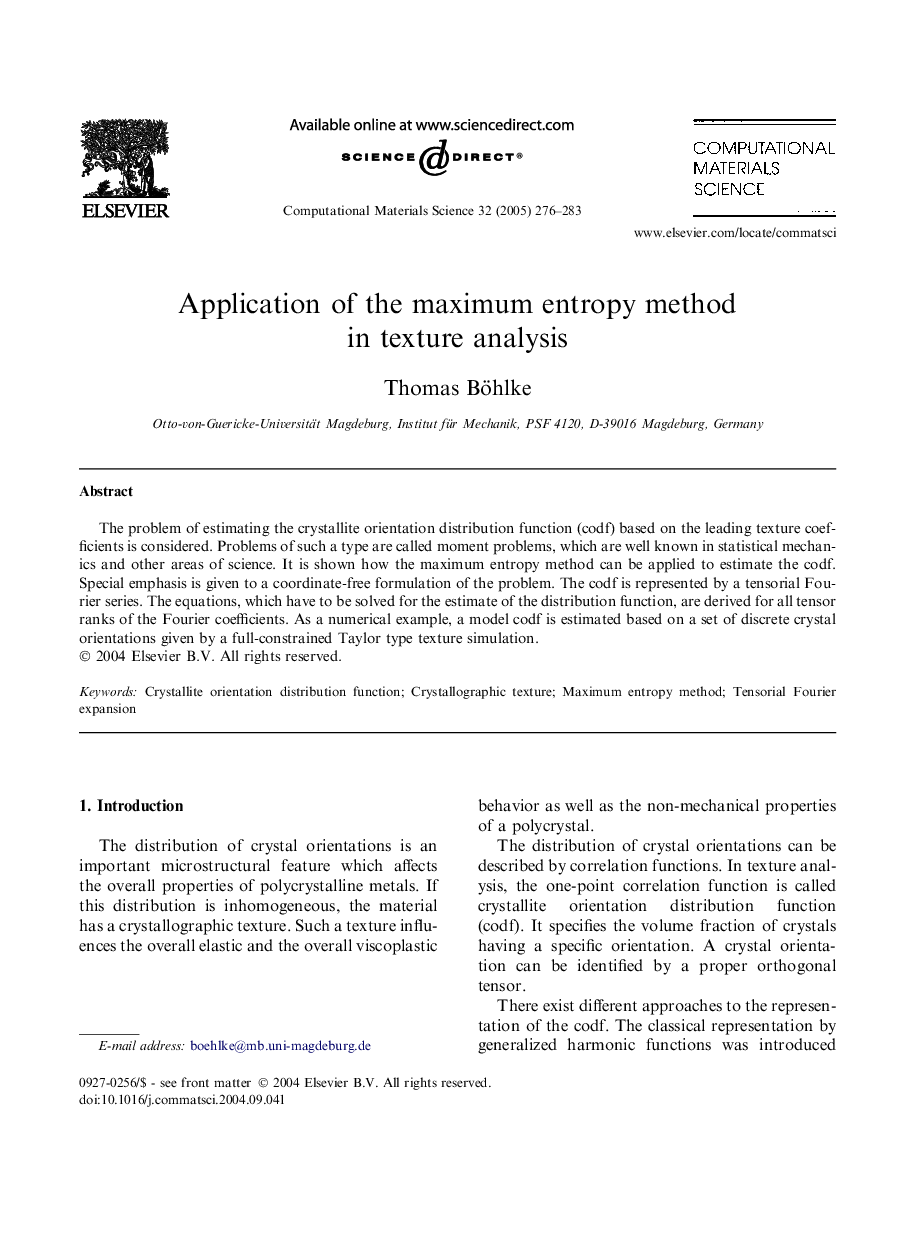 Application of the maximum entropy method in texture analysis