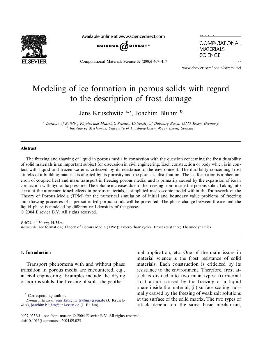 Modeling of ice formation in porous solids with regard to the description of frost damage