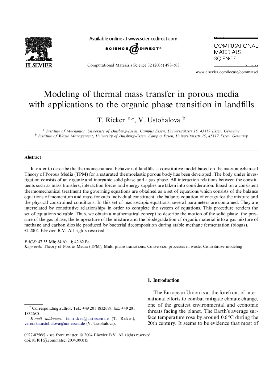 Modeling of thermal mass transfer in porous media with applications to the organic phase transition in landfills