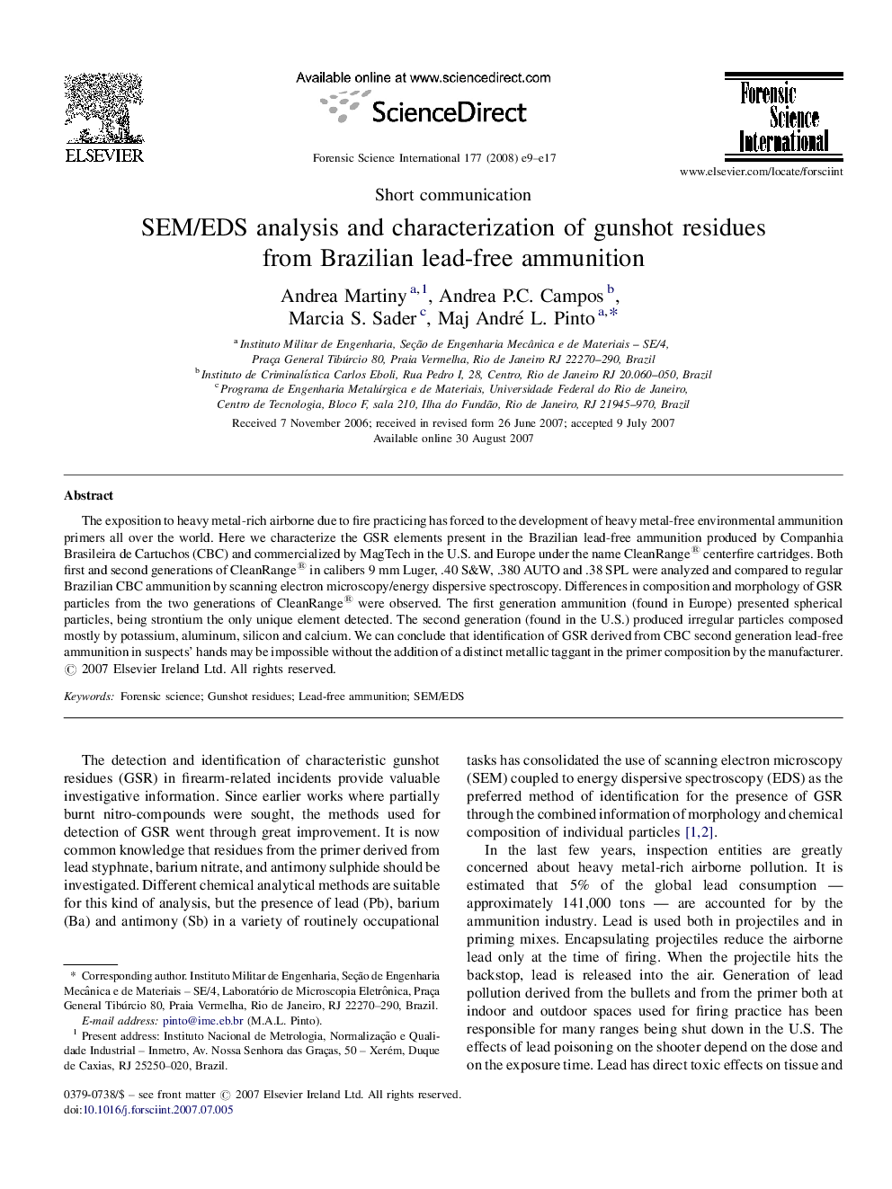 SEM/EDS analysis and characterization of gunshot residues from Brazilian lead-free ammunition