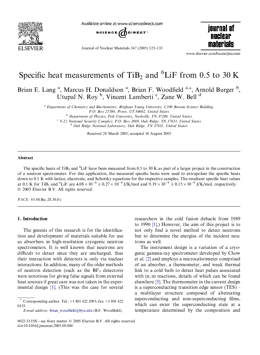 عکس صفحه اول مقاله: Specific heat measurements of TiB2 and 6LiF from 0.5 to 30Â K Specific heat measurements of TiB2 and 6LiF from 0.5 to 30Â K